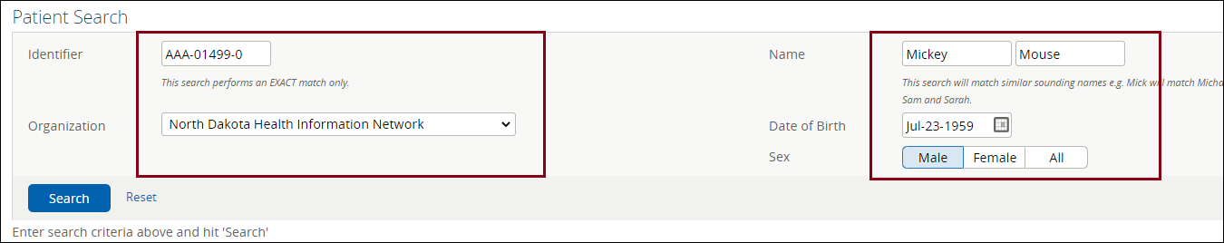 Clinical Portal Patient Search Screen