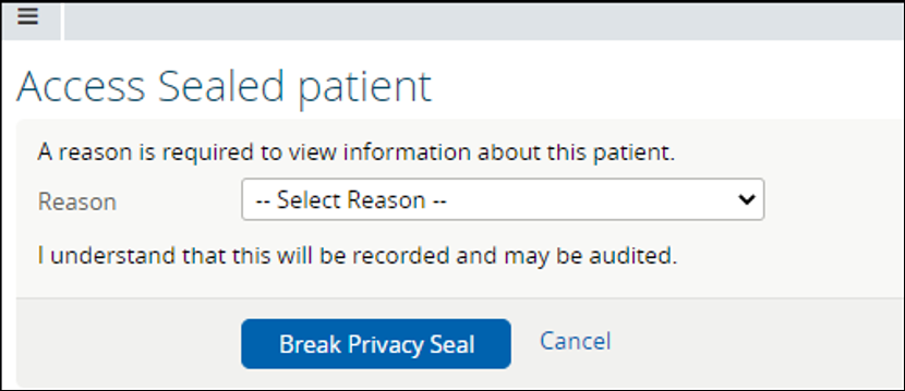 Image of the Break the Seal page in the NDHIN Clinical Portal