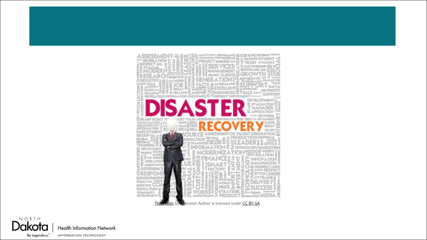 Screen shot of figure standing in from of a board of IT terms labelled Disaster Recovery
