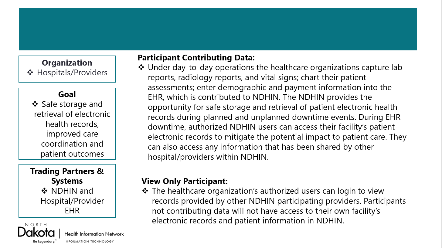 Text explaining the advantages of being an NDHIN participant as it relates to Disaster Recovery